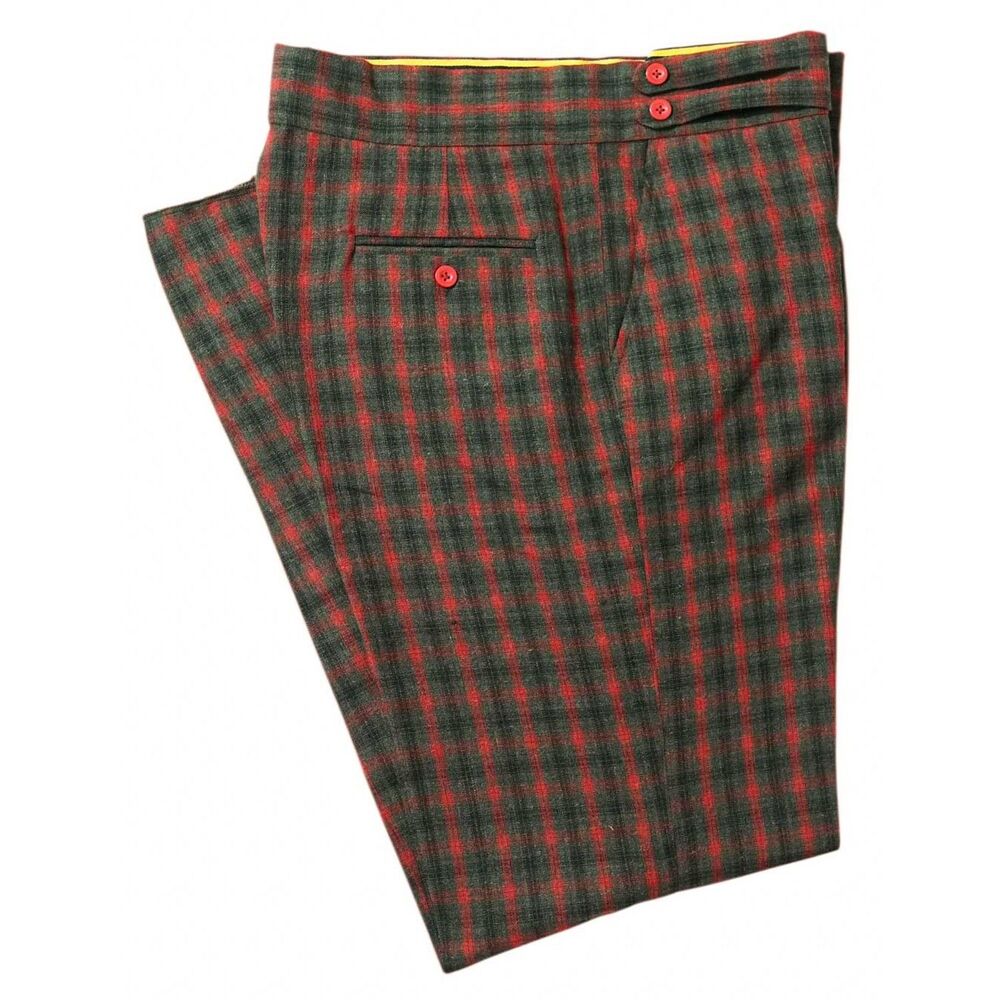 Mens 36 Gurkha Pants Green Red Plaid Check Wool Flat Front Straight Fit Trousers